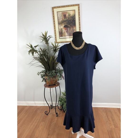 Olivia Matthews Dress Plus 3X Navy Blue Cap Sleeve Fairy Core Feminine Preppy - Picture 2 of 8
